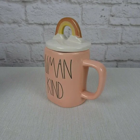 New RAE DUNN Rainbow 🌈 Figural Coffee Mug Human Kind Blush Pink With Lid Decor - Picture 11 of 12